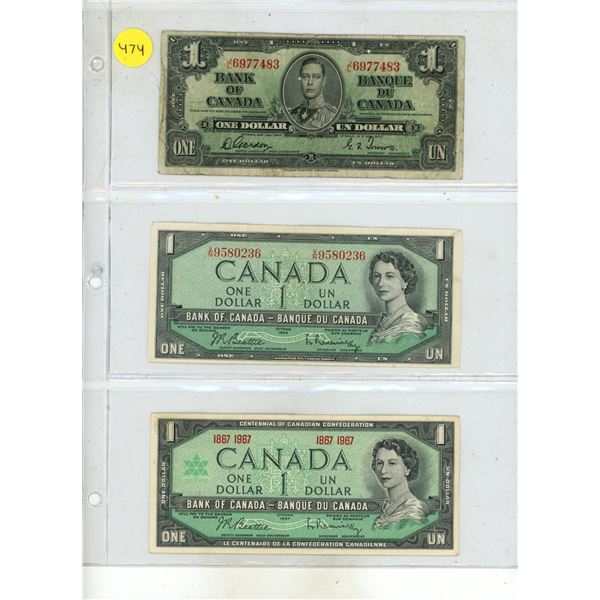 1937, 1954, 1967 Canada One Dollars.