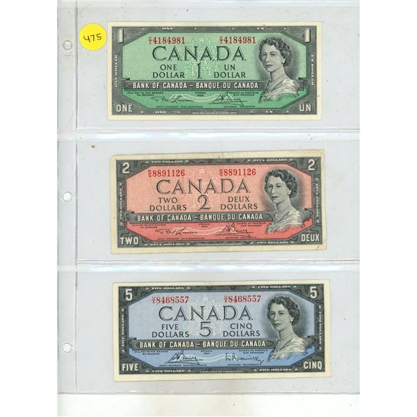 1954 Canada One (Uncirculated), Two and Five (Uncirculated) Dollars.