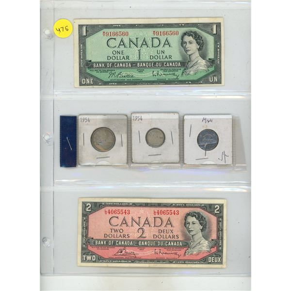 1954 Canada One, Two Dollars and 1954 Canada 25 Cents (Silver), 10 Cents (Silver), 5 Cents Coin.