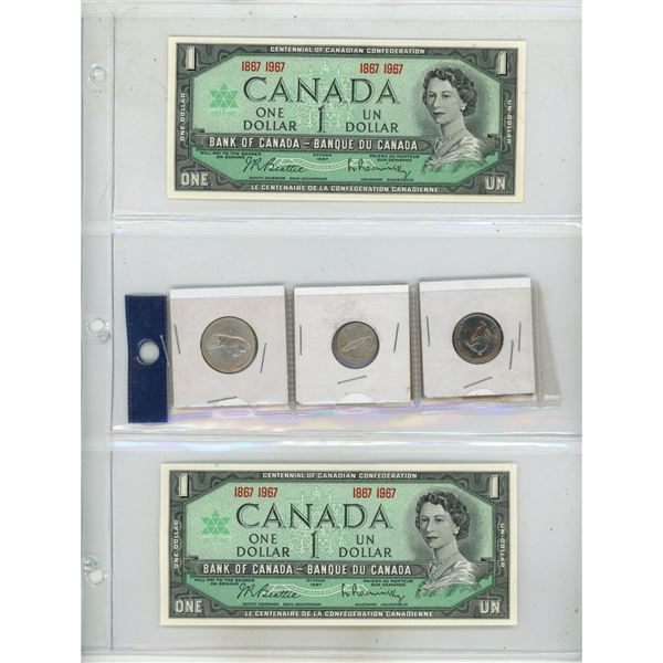 (2) 1967 Canada One Dollar (Uncirculated) and 1967 Canada 25 Cents (Silver), 10 Cents (Silver), 5 Ce