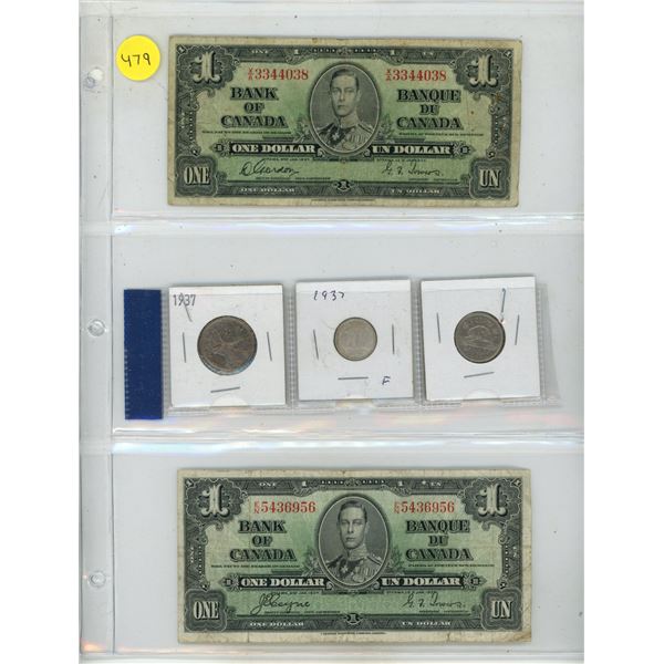 (2) 1937 Canada One Dollar and 1937 Canada 25 Cents, 10 Cents (Silver), 5 Cents Coin.