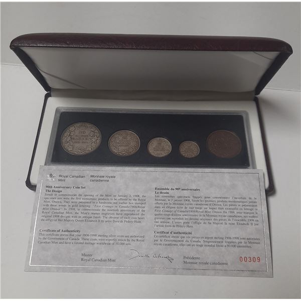 Royal Canadian Mint 90th Anniversary Coin Set 1908-1998 Sterling Silver Coins with antique finish. C