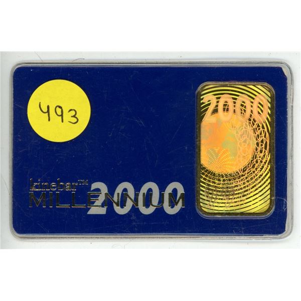 Kinebar Millenium 2000 Switzerland 1 Ounce Fine Gold 999.9, No. 001897. Comes with Certificate.