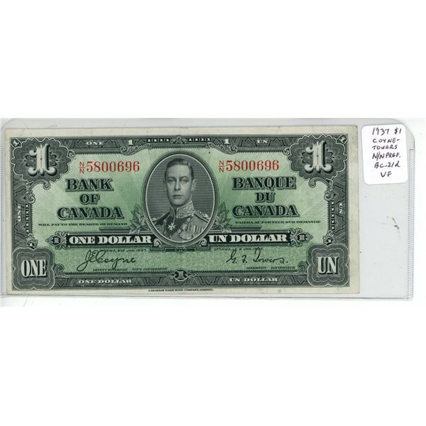 1937 $1. Coyne-Towers signatures. N/N Prefix. BC-21d. VF.