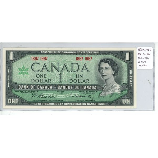 1867 – 1967 $1 Centennial note with no Serial Numbers. BC-45a. Gem Uncirculated.