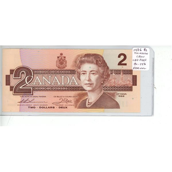 1986 $2 note. Thiessen-Crow signatures. CBD Prefix. BC-55b. Gem Uncirculated.