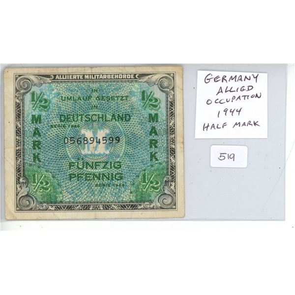 Germany – Allied Occupation Money. 1944 Half Mark. VF