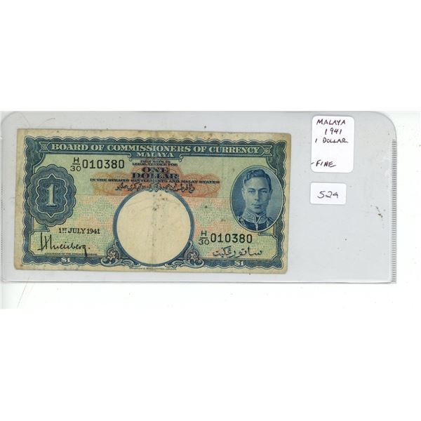 Malaya. 1941 1 Dollar. World War II issue. Fine.