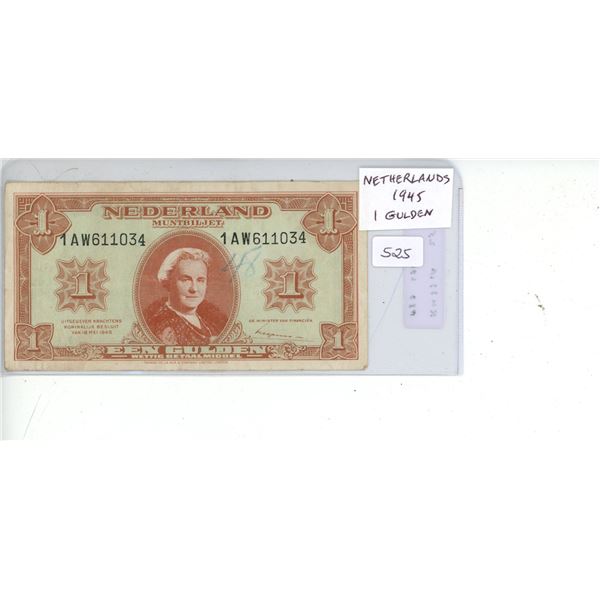 Netherlands. 1945 1 Gulden. Issued during the last year of World War II. VF.