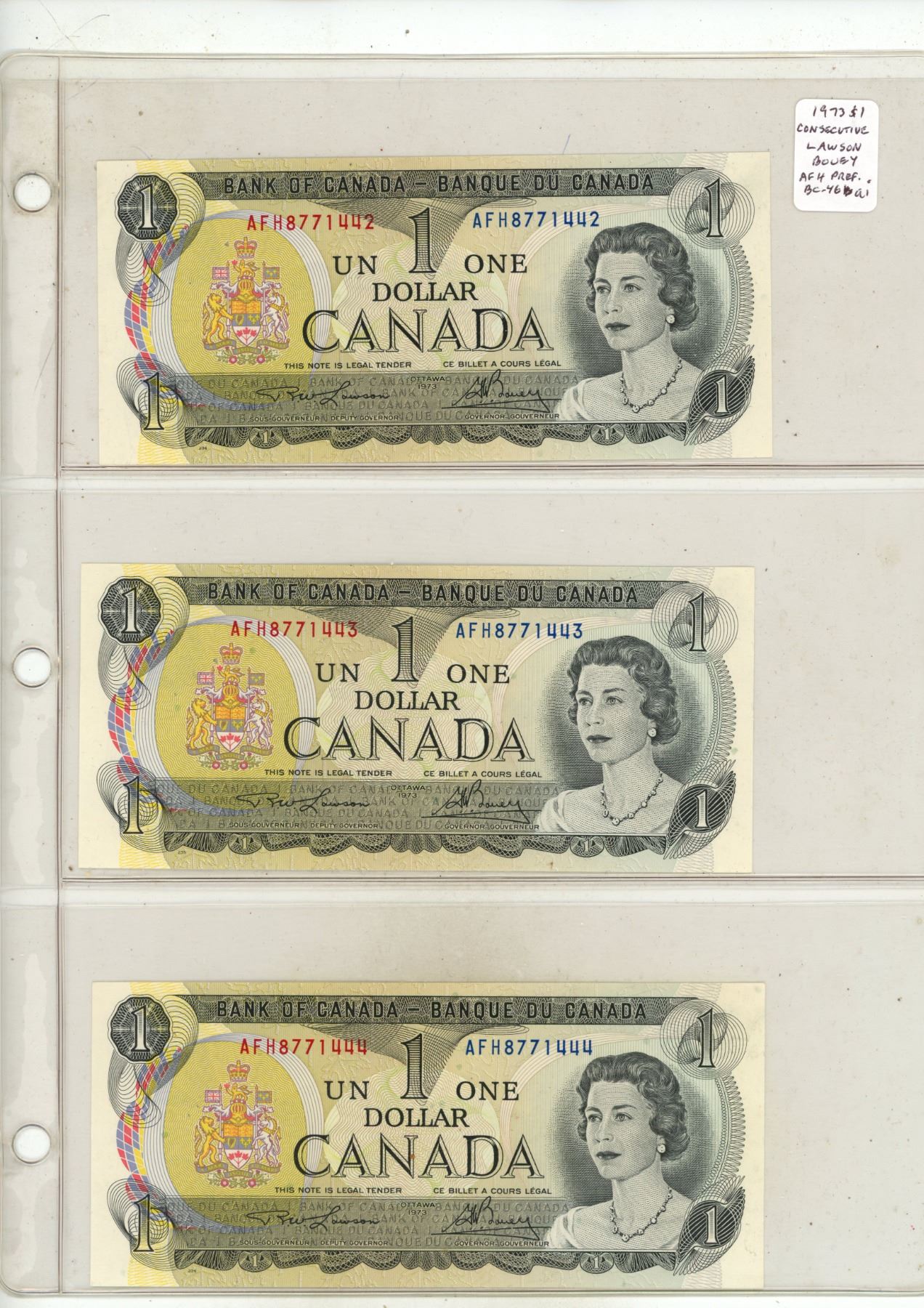 Set of 3 1973 $1 notes with Consecutive Serial Numbers. Lawson-Bouey ...