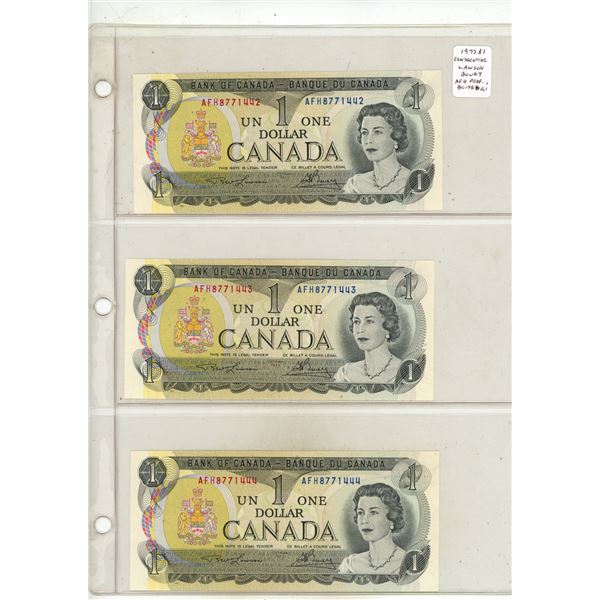 Set of 3 1973 $1 notes with Consecutive Serial Numbers. Lawson-Bouey signatures. AFH Prefix. Serial 
