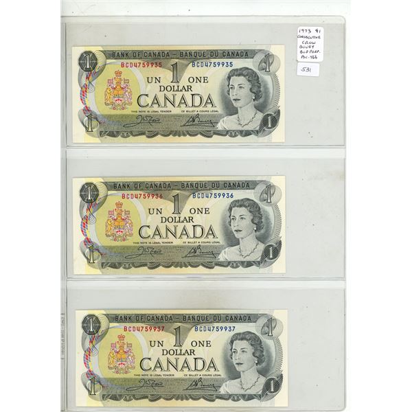 Set of 3 1973 $1 notes with Consecutive Serial Numbers. Crow-Bouey signatures. BCD Prefix. Serial Nu
