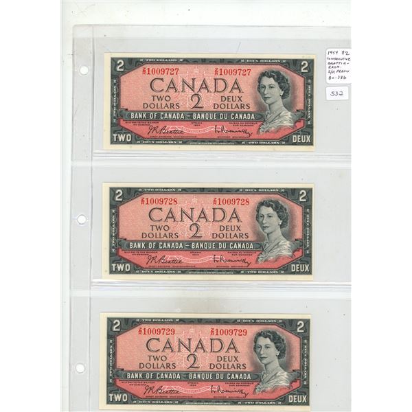 Set of 3 1954 Modified Portrait $2 notes with Consecutive Serial Numbers. Beattie-Rasminsky signatur