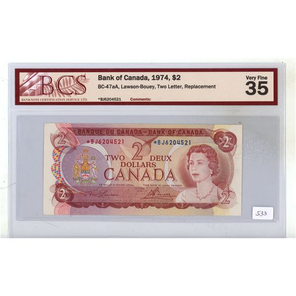 Bank of Canada 1974 $2 Replacement note. Lawson-Bouey signatures. *BJ Replacement Prefix. BC-47aA. B