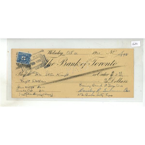 Bank of Toronto cancelled cheque from Wolseley, Sask. dated 1951 for $8.13 from the Evening Branch o