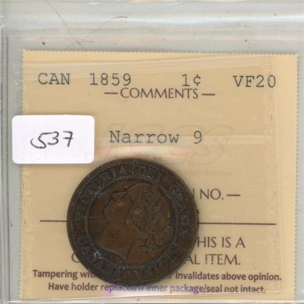 1859 Canadian Victorian Large Cent with Narrow 9. ICCS certified and graded VF-20