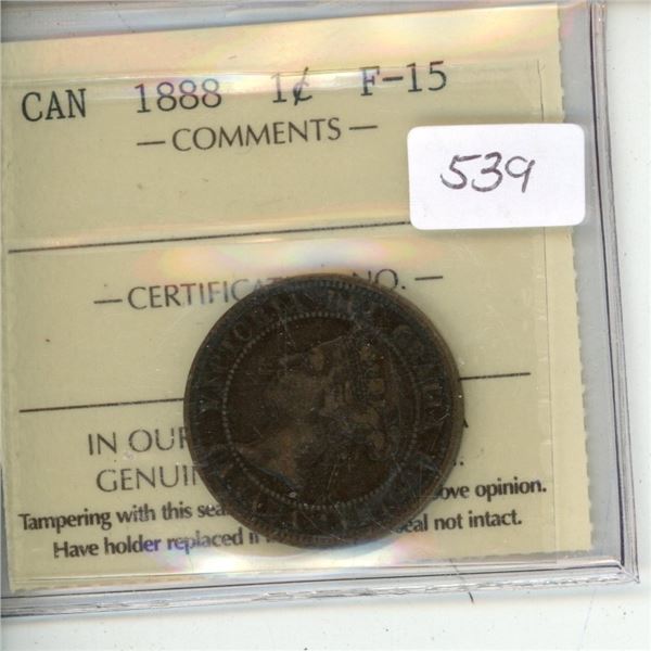 1888 Canadian Victorian Large Cent. ICCS certified and graded F-15.