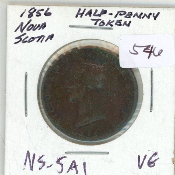 1856 Nova Scotia Half Penny Token. Queen Victoria/Mayflower. NS-5A1. VG.