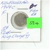 Image 1 : Newfoundland. 1944c Silver 5 Cents. Minted in Ottawa because of World War II. VF.