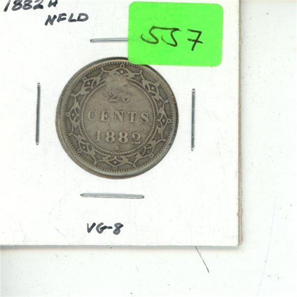 Newfoundland. 1882H Silver 20 Cents. Heaton Mint. VG or higher.