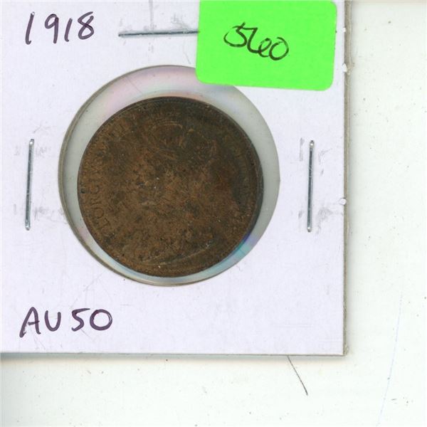 Canadian 1918 Large Cent. Minted during the last year of World War I. AU-50.