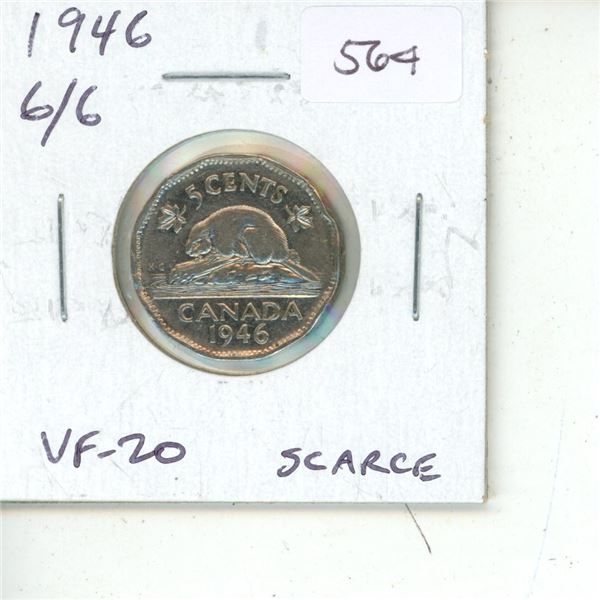 1946 6/6 Canadian Nickel 5 Cents. VF-20. Scarce.