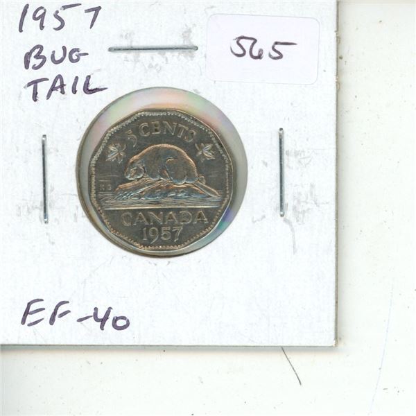 1957 Bug Tail Nickel 5 Cents. There is a small Die Chip on the end of the beaver’s tail tha