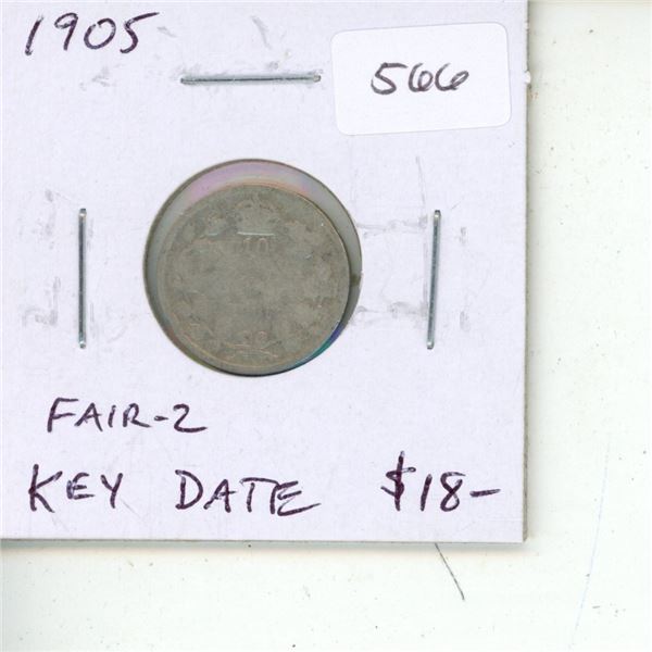 1905 Canadian Silver 10 Cents. Key Date. Fair-2.
