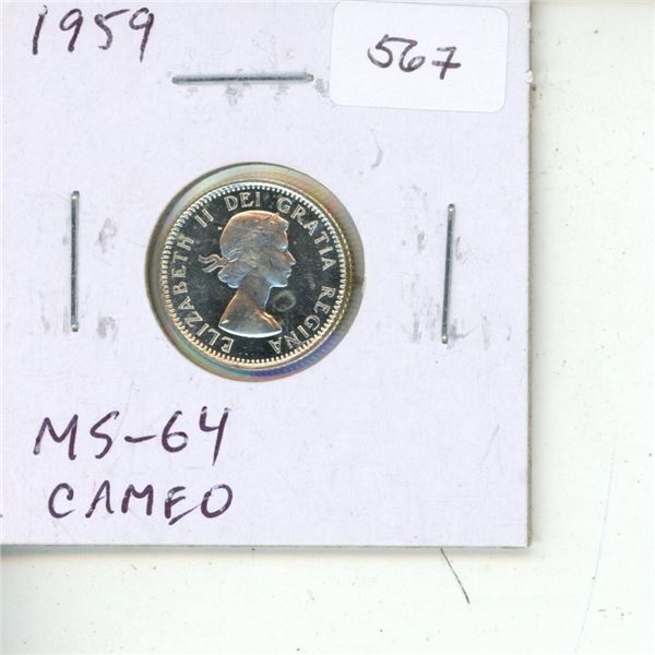 1959 Canadian Silver 10 Cents. MS-64 with Cameo. Bright White.
