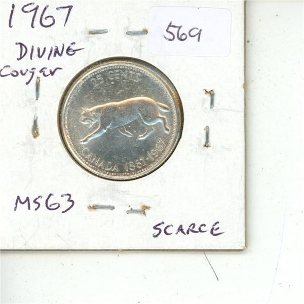 1967 Diving Bobcat Silver 25 Cents. There is a Rotated Die, so it looks like the Bobcat is Diving. M