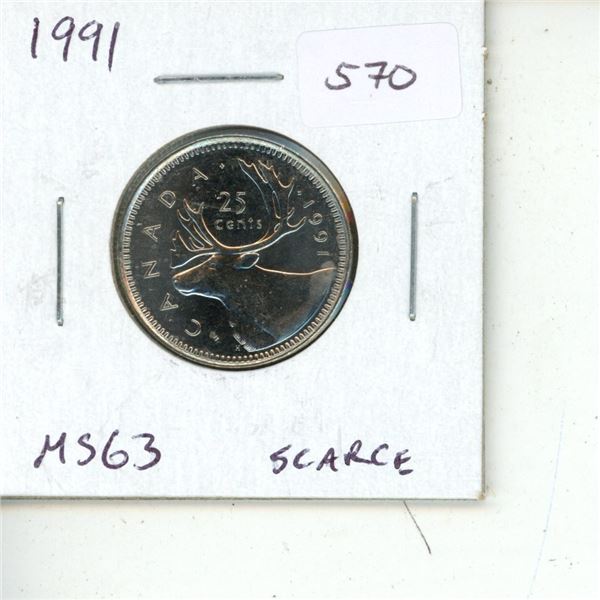 1991 Canadian 25 Cents. Mintage of only 459,000. MS-63. Scarce.