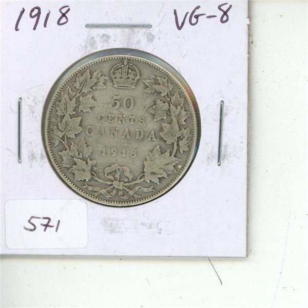 1918 Canadian Silver 50 Cents. Minted the last year of World War I. VG-8