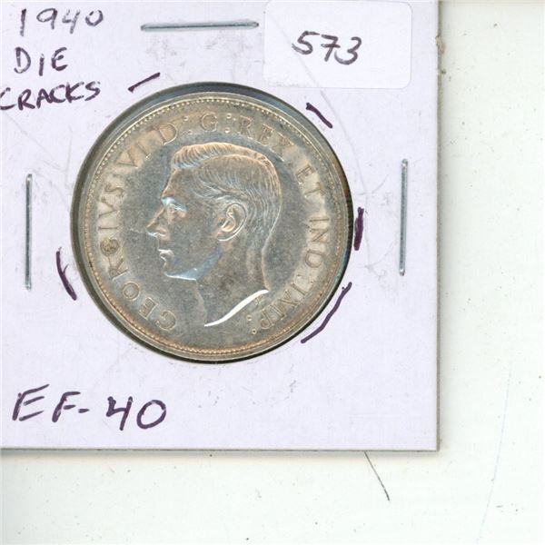 1940 Canadian Silver 50 Cents with Die Cracks around the obverse. EF-40. Scarce