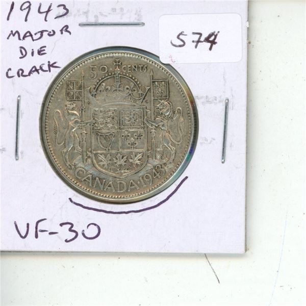 1943 Canadian Silver 50 Cents with major Die Crack around the reverse. VF-30