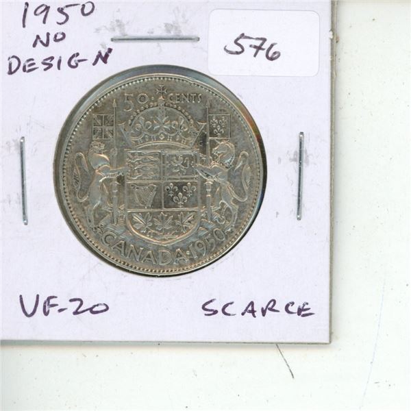 1950 No Design in Zero Canadian Silver 50 Cents. VF-20. Scarce