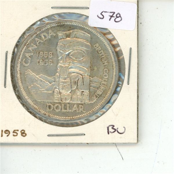 1958 Canadian Silver Dollar commemorating British Columbia becoming a Crown Colony. Totem Pole. BU
