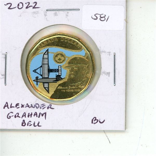 2022 Alexander Graham Bell Colourized Loonie Dollar. Commemorates the 175th Anniversary of his birth