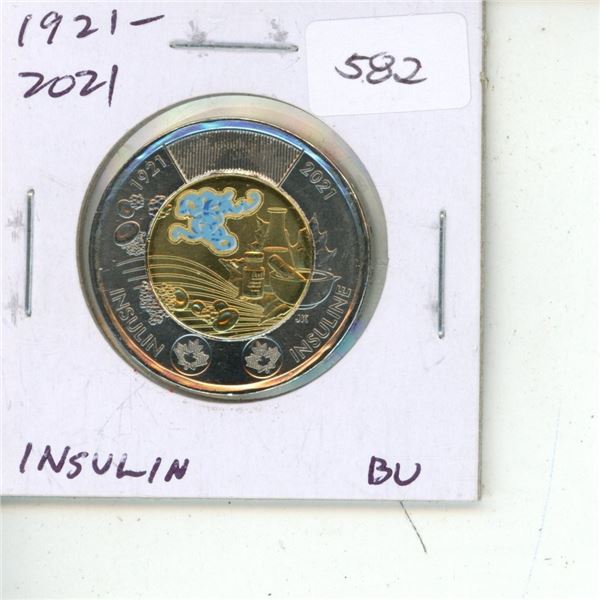 1921 – 2021 Colourized Insulin $2 Toonie. Commemorates the 100th Anniversary of Doctors Ban