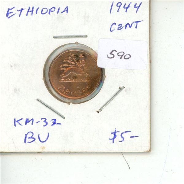 Ethiopia. 1944 Cent. Emperor Haile Selassie/lion. BU Red