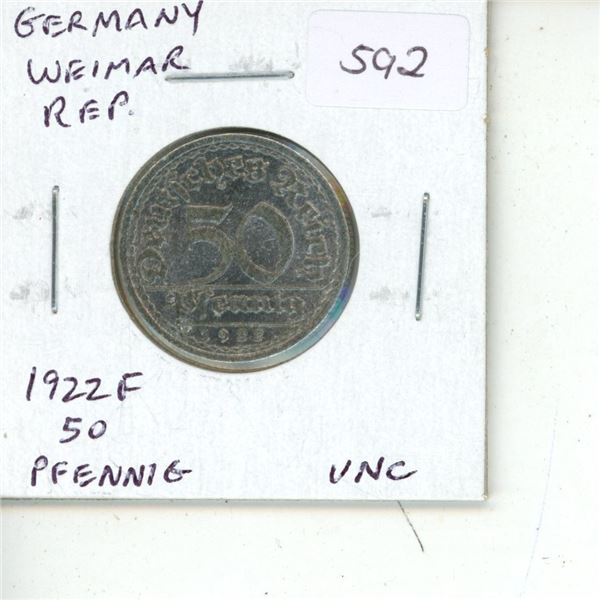 Germany – Weimar Republic. 1922 F 50 Pfennig. Uncirculated