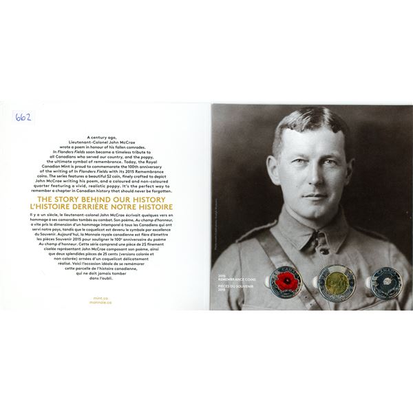 2015 Remembrance Coins 3 Coin Set includes John McCrae Toonie