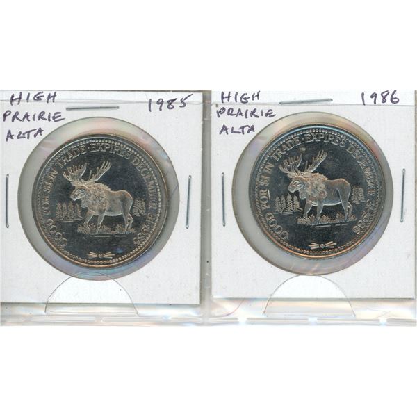 (2) High Prairie Alberta Trade Dollars, Both W/Moose Design 1985-86