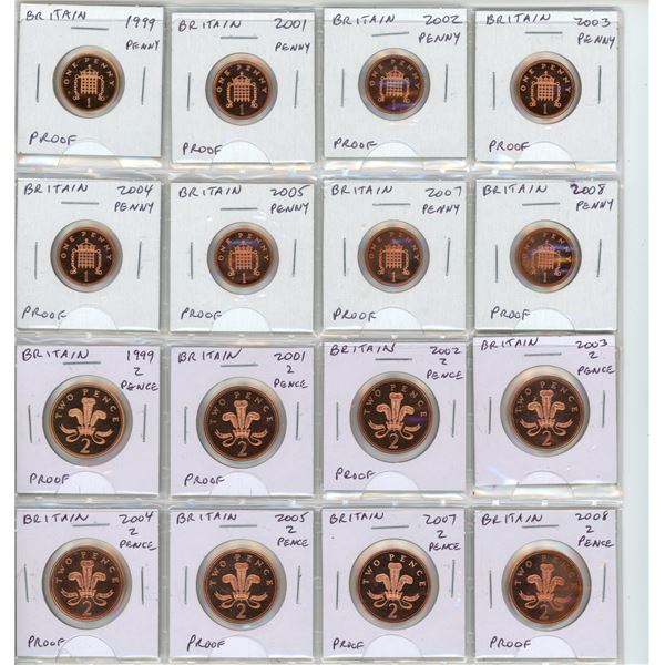 Set of 16 British Pennies & 2 Pence From 1999 -2008, All From Royal Mint Proof Sets