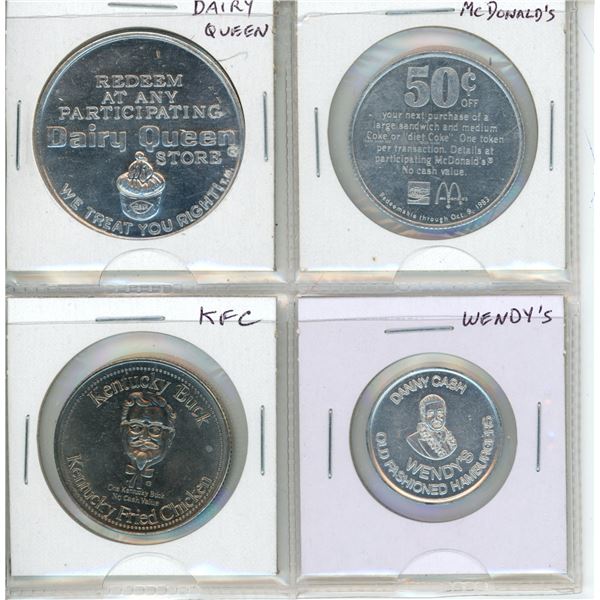 Set of 4 Fast Food Tokens Including Dairy Queen, McDonalds, KFC, and Wendy's