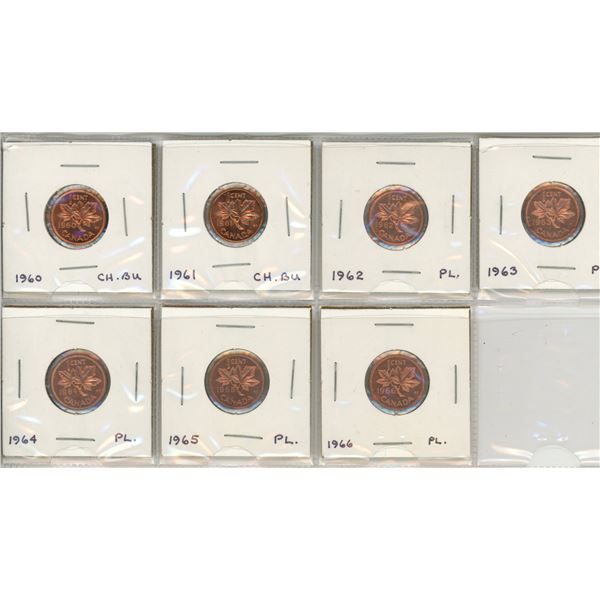 Set of Canadian Small Cents From 1960 to 1966 (2) are BU, 5 Are Proof Like. Red