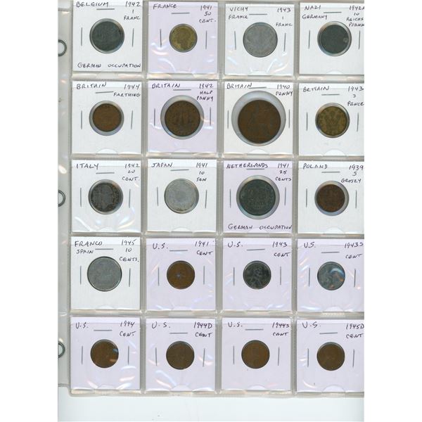 Set of 20 World War II Coins From Belgium, France, Nazi Germany, Great Britain, Italy, Japan, Nether
