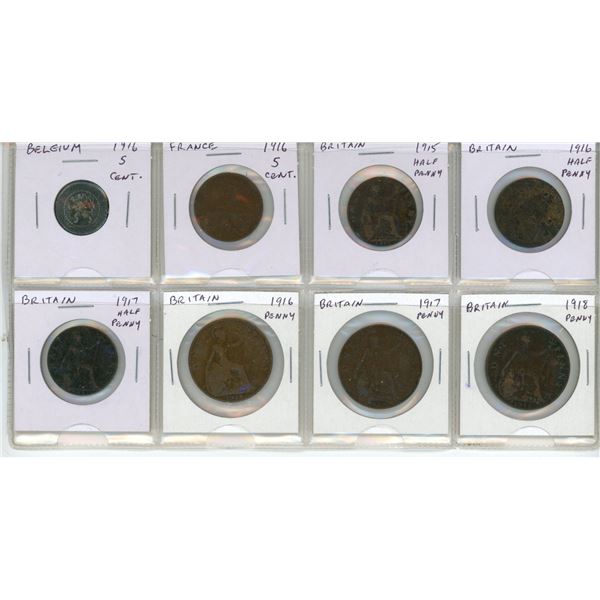 Set of 8 World War I Coins From Belgium, France, and Great Britain