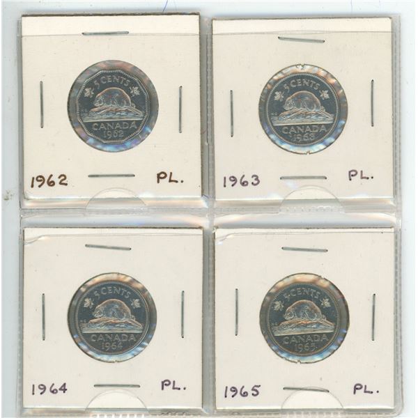 Set of 4 Canadian Nickels 1962-1965. All Are From Proof Like Sets