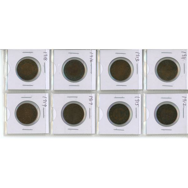 Set of 8 Canadian large Cents includes 1911-1913 and 1915-1919