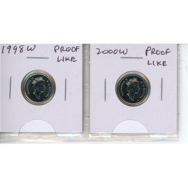 Set of 2 Canadian 10 cents, includes 1998W and 2000W, both From the Winnipeg Mint and Proof Like